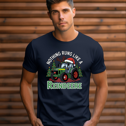 Navy blue men’s holiday tractor tee with funny Christmas design “Nothing Runs Like a Reindeere,” perfect for farmers, dads, and country boys who love tractors.