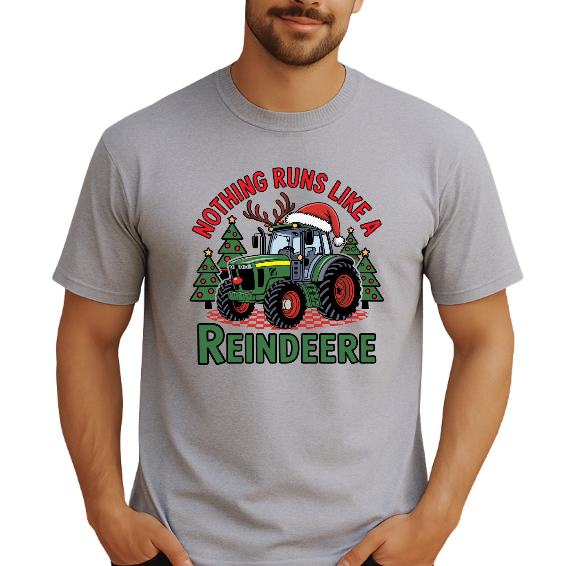 Gray holiday tractor shirt for men, with funny “Nothing Runs Like a Reindeere” design. Country-themed Christmas tee available in regular and Tall sizes.