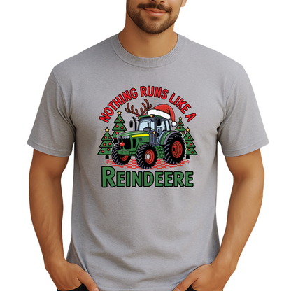 Gray holiday tractor shirt for men, with funny “Nothing Runs Like a Reindeere” design. Country-themed Christmas tee available in regular and Tall sizes.
