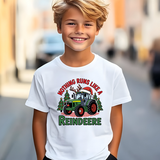 White boys’ Christmas tractor tee with festive farm tractor design. Fun holiday reindeere shirt for kids, ideal for Christmas photos and parties.