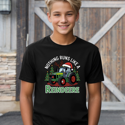 Black kids Christmas tractor t-shirt with funny holiday reindeere design. Great festive shirt for boys who love tractors and farm life.