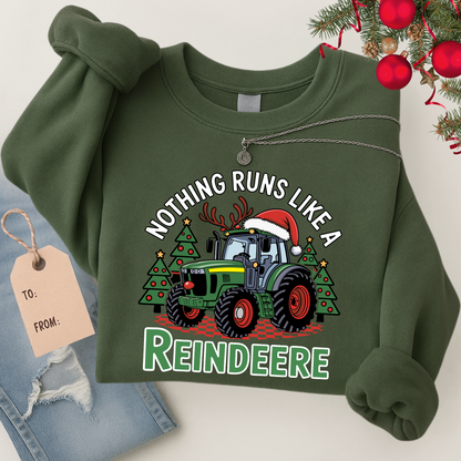 Green festive tractor sweatshirt for women with “Nothing Runs Like a Reindeere” design, styled with Christmas ornaments. Perfect cozy holiday farm pullover.