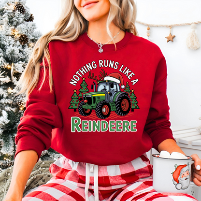 ed women’s holiday tractor sweatshirt styled with Christmas decor, featuring funny “Nothing Runs Like a Reindeere” design. Cozy farm-themed Christmas sweater.