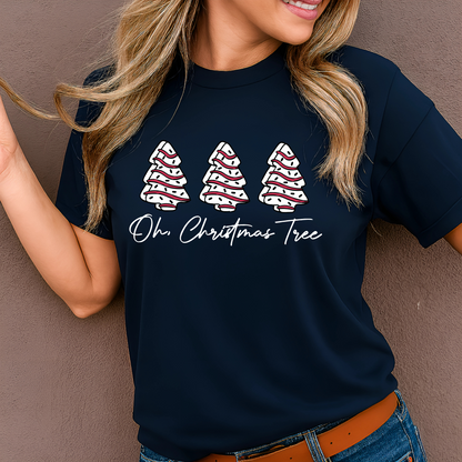 Teen Girl wearing a Navy “Oh Christmas Tree” graphic Christmas t-shirt – unisex women’s style, cozy and festive holiday tee ideal for parties and gifting.