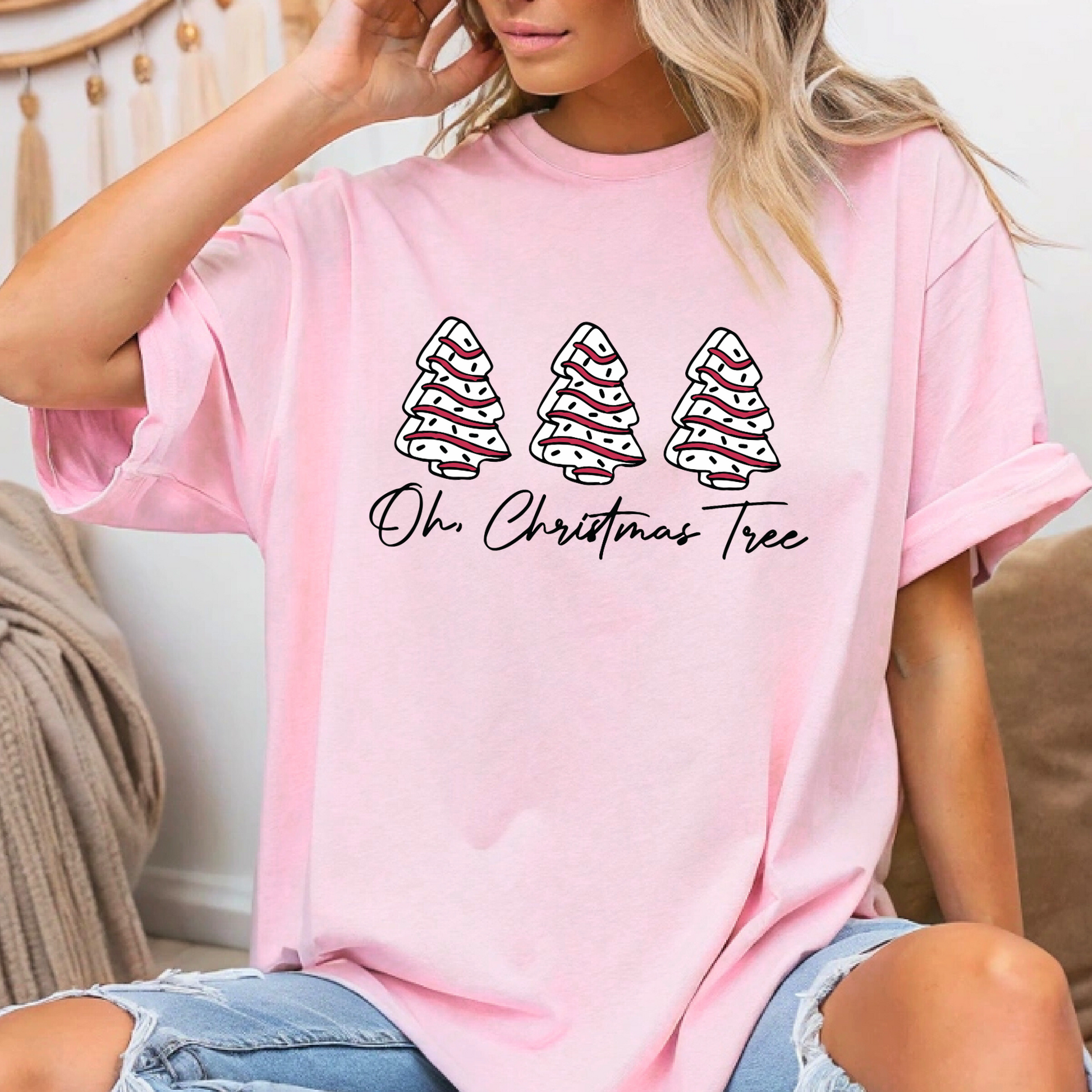 Pink “Oh Christmas Tree” graphic Christmas t-shirt for women – comfy unisex style tee ideal for holiday gatherings, gifting, and seasonal wear.