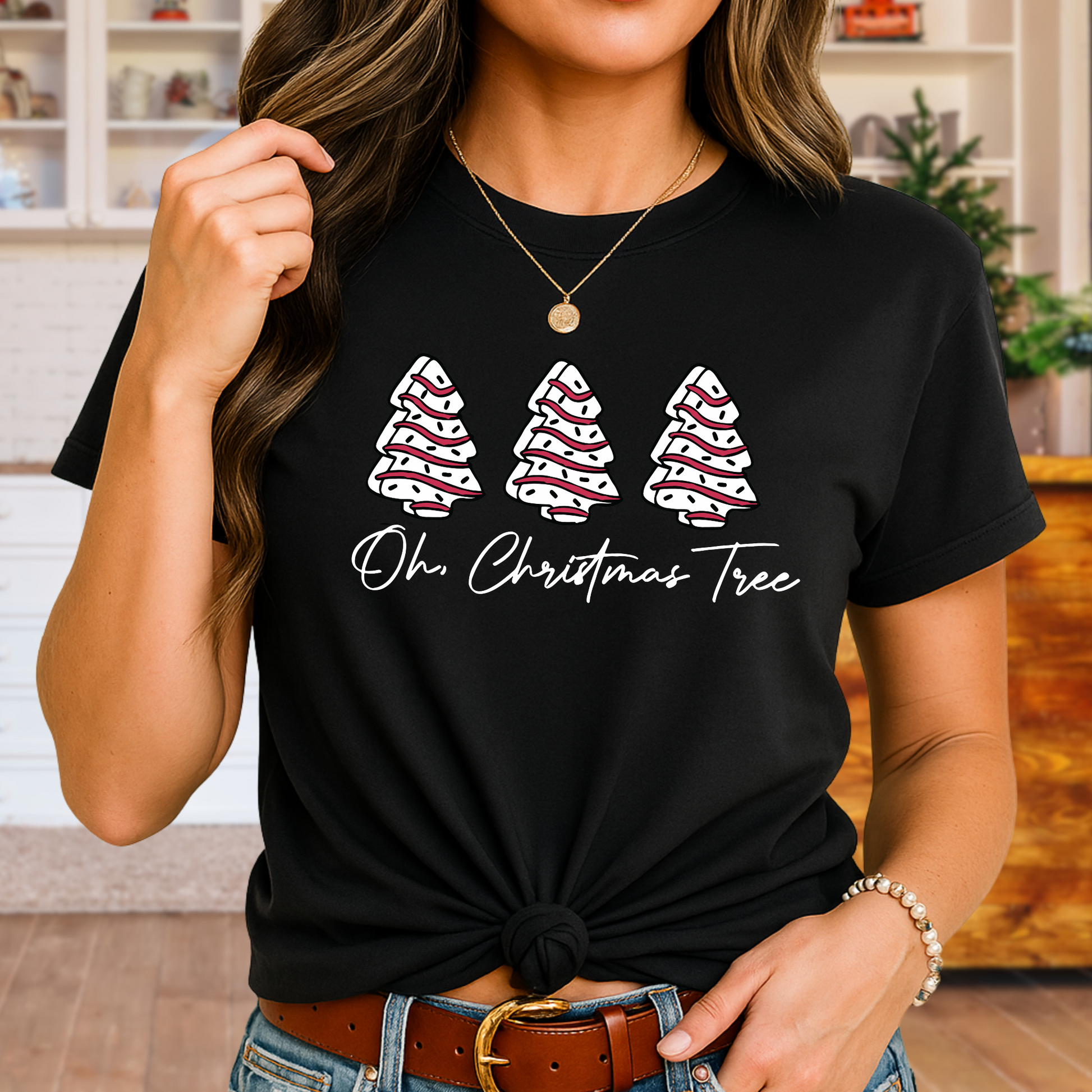 Stylish woman wearing a Black “Oh Christmas Tree” women’s unisex Christmas t-shirt with fun holiday tree design – stylish and comfortable Christmas graphic tee.