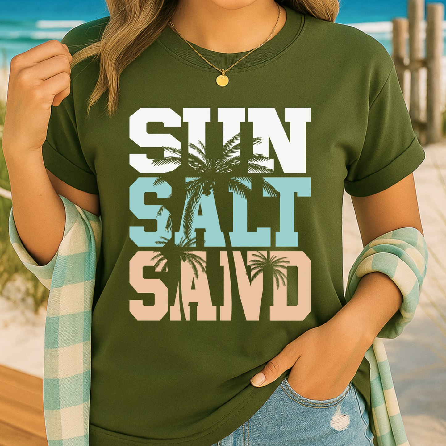 Olive shirt with bold lettering, rolled sleeves