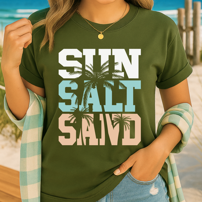 Olive shirt with bold lettering, rolled sleeves