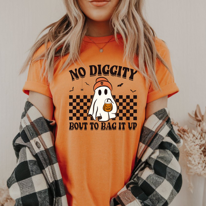 Orange fall-themed T-shirt styled with flannel, showcasing playful ghost graphic. Ideal for cozy Halloween outfits and spooky season.