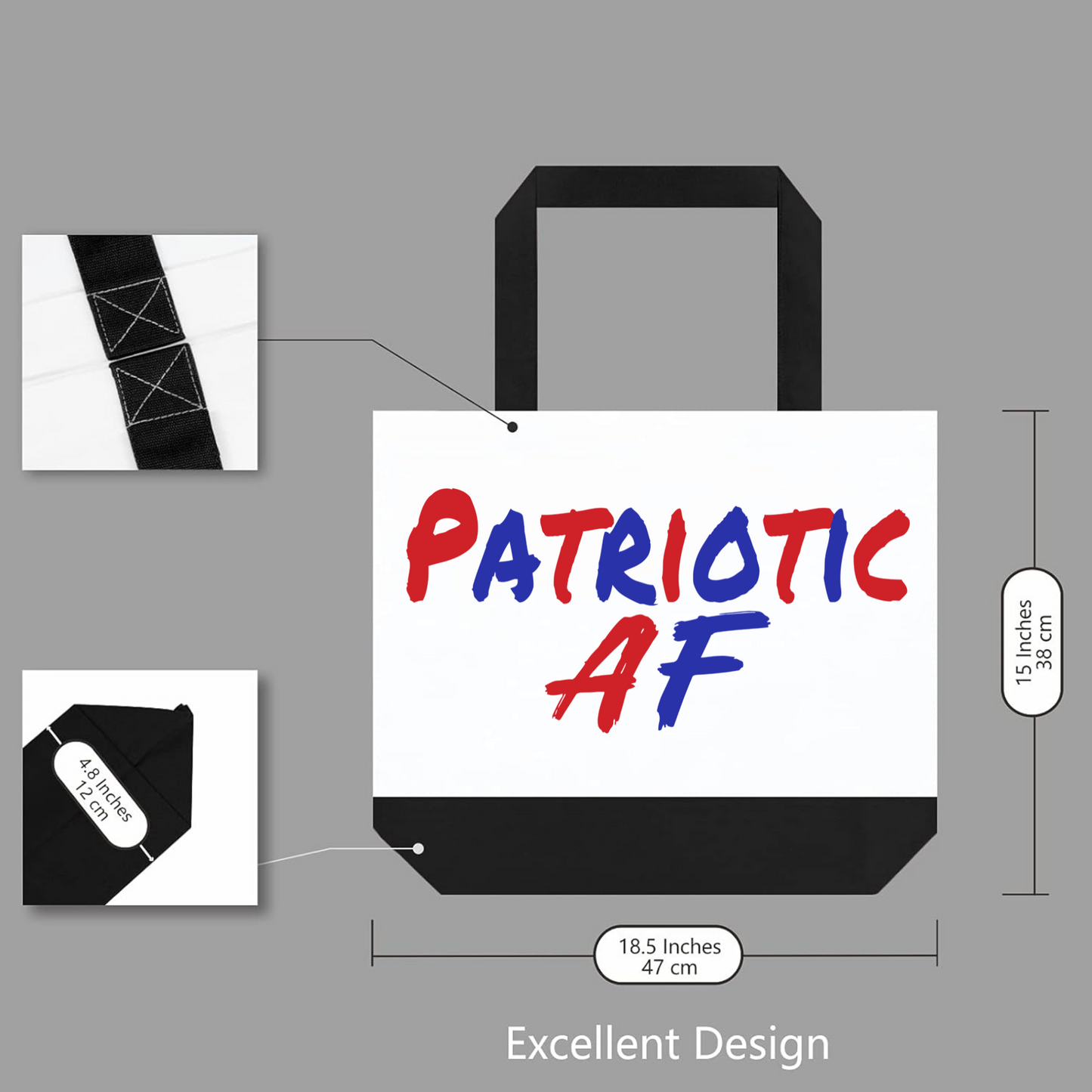 Patriotic AF tote with black straps and base, product diagram layout