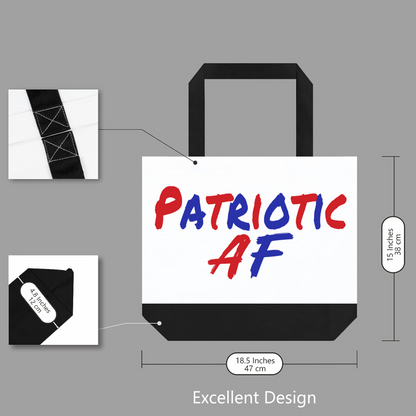 Patriotic AF tote with black straps and base, product diagram layout