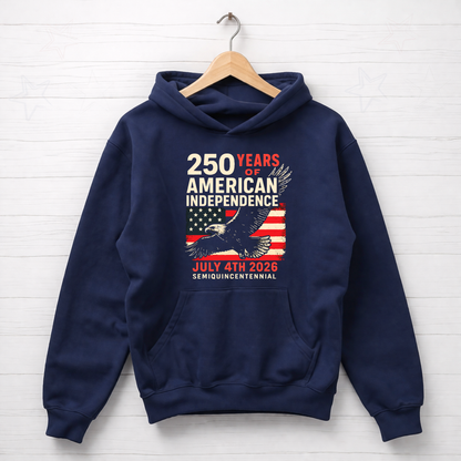 Patriotic America 250 hoodie on navy blue tshirt featuring bald eagle and distressed American flag graphic for July 4th 2026 semiquincentennial celebration apparel for men women and teens 
