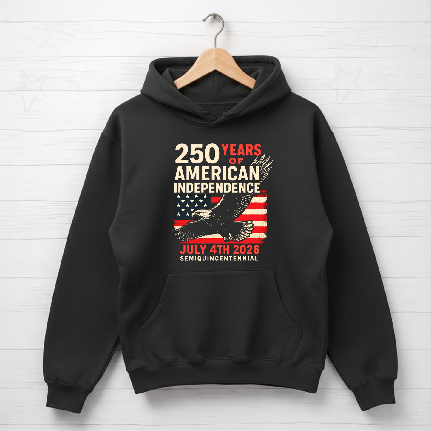 Patriotic America 250 hoodie on navy Black Hoodie featuring bald eagle and distressed American flag graphic for July 4th 2026 semiquincentennial celebration apparel for men women and teens 