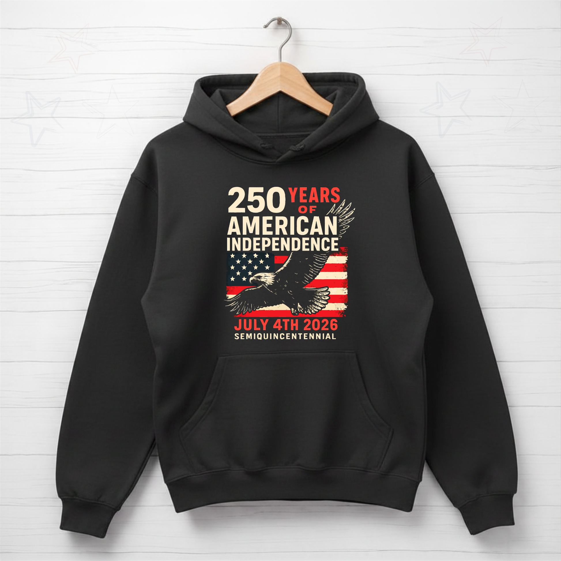 Patriotic America 250 hoodie on navy Black Hoodie featuring bald eagle and distressed American flag graphic for July 4th 2026 semiquincentennial celebration apparel for men women and teens 