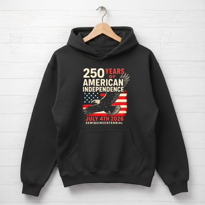 Patriotic America 250 hoodie on navy Black Hoodie featuring bald eagle and distressed American flag graphic for July 4th 2026 semiquincentennial celebration apparel for men women and teens 