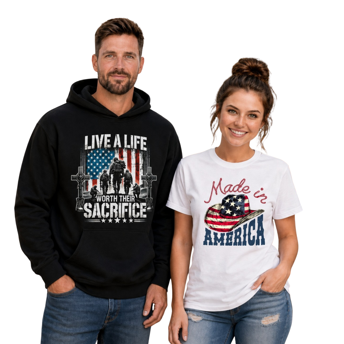 A man and a woman standing side by side against a plain white background, each wearing a patriotic graphic tee or hoodie. The man wears a black hoodie with a distressed American flag, soldier silhouette, and the words 'LIVE A LIFE WORTH THEIR SACRifice.