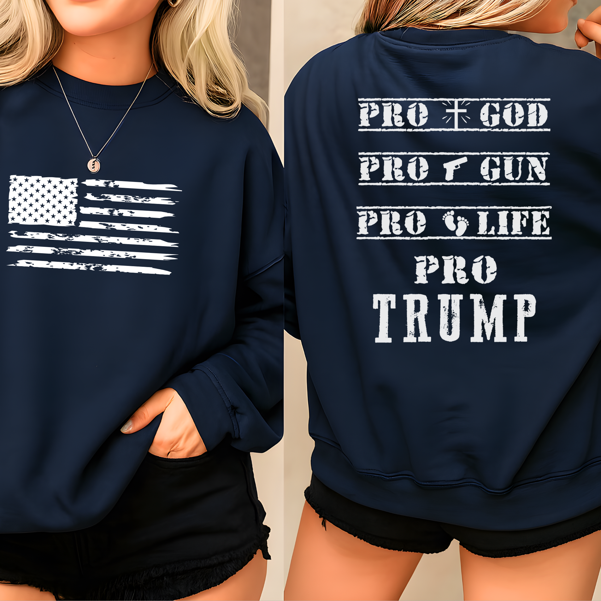 Navy blue Pro God Pro Gun Pro Life Pro Trump shirt – bold patriotic tee for conservatives