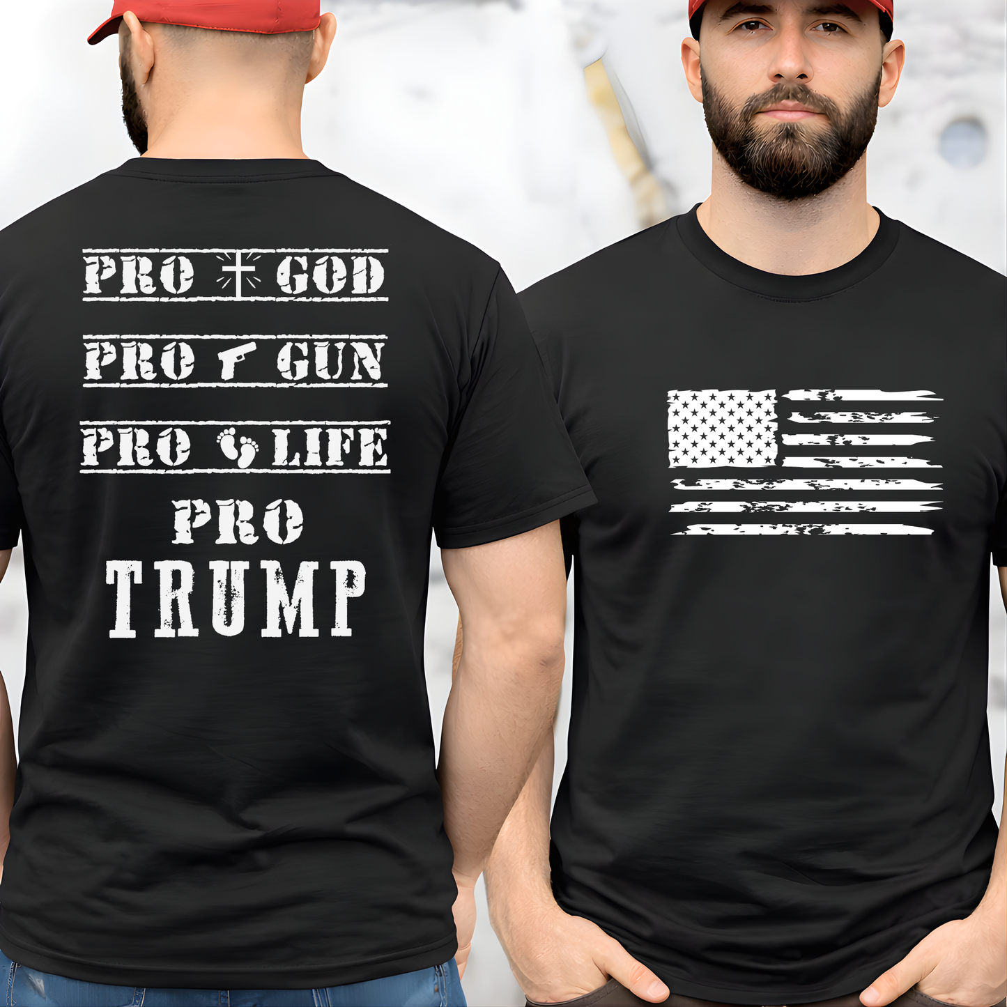 Person wearing a black t-shirt with 'Pro God, Pro Gun, Pro Life, Pro Trump' text on the back and an American flag design on the front.