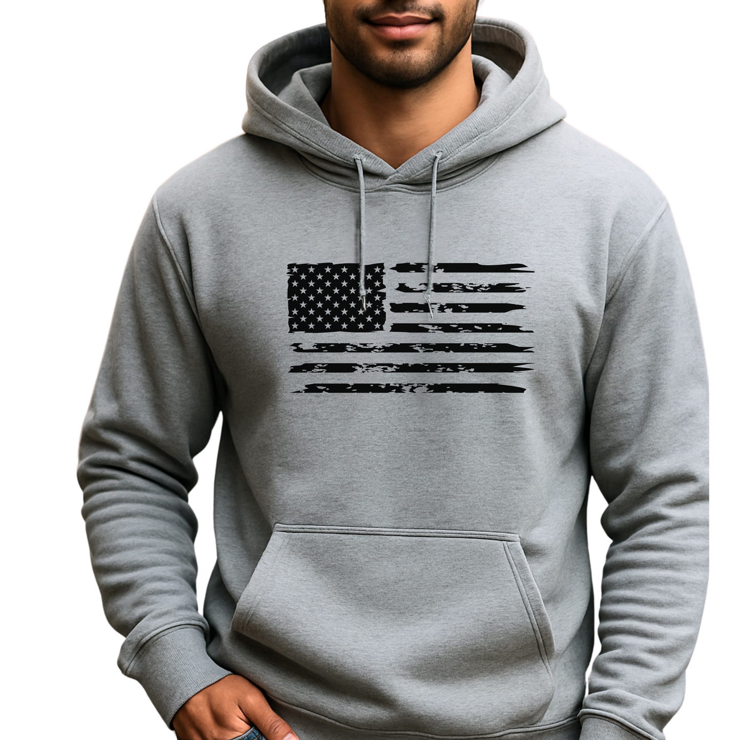 Gray hoodie with American flag design worn by a person on a white background