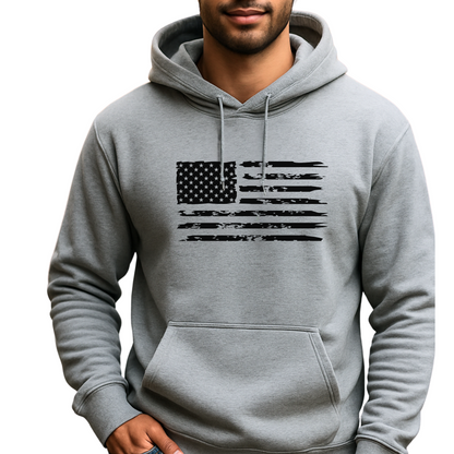 Gray hoodie with American flag design worn by a person on a white background