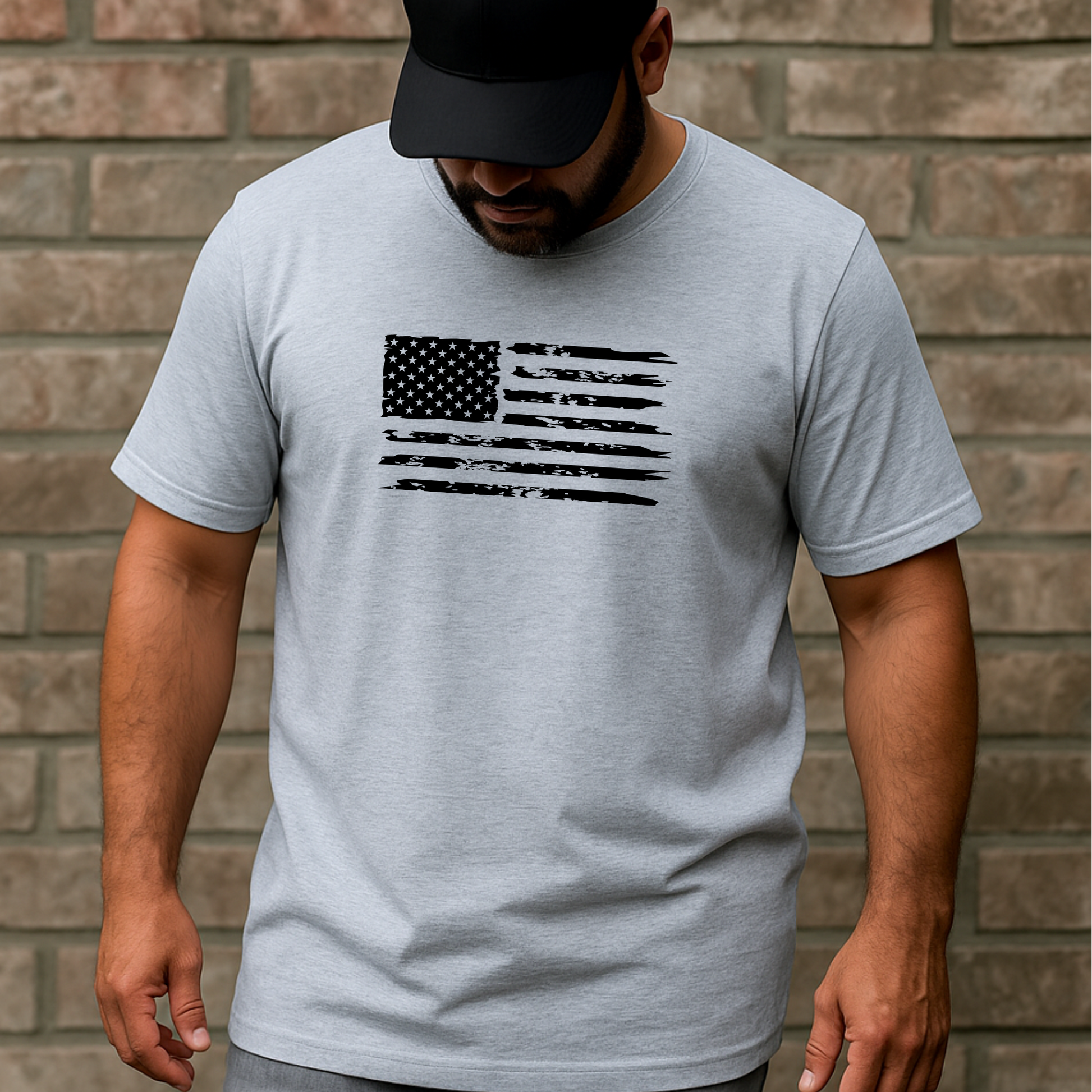 Man wearing gray shirt with distressed american flag design