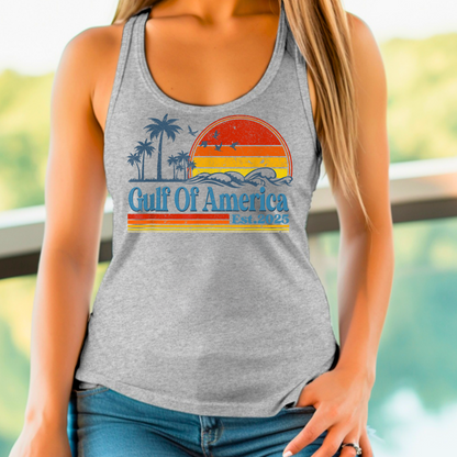 Patriotic racerback tank top with sunset and palm tree design