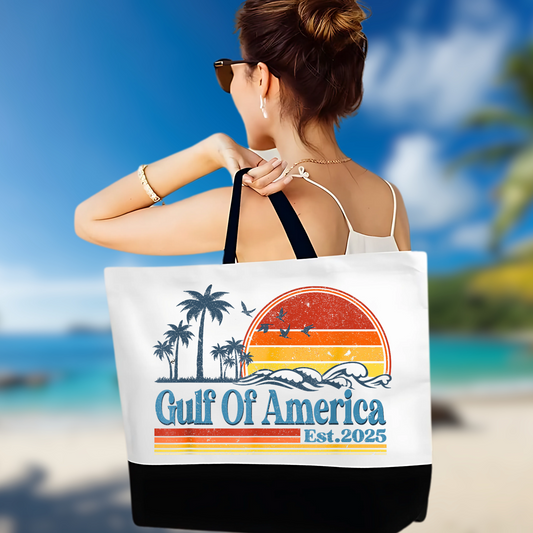Patriotic tote bag with sunset and palm tree design