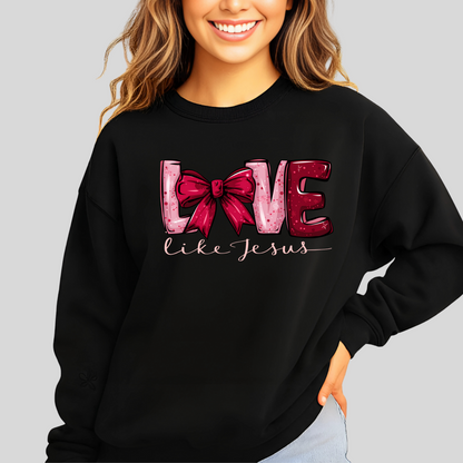 Person wearing a black sweatshirt with 'Love' design on a gray background