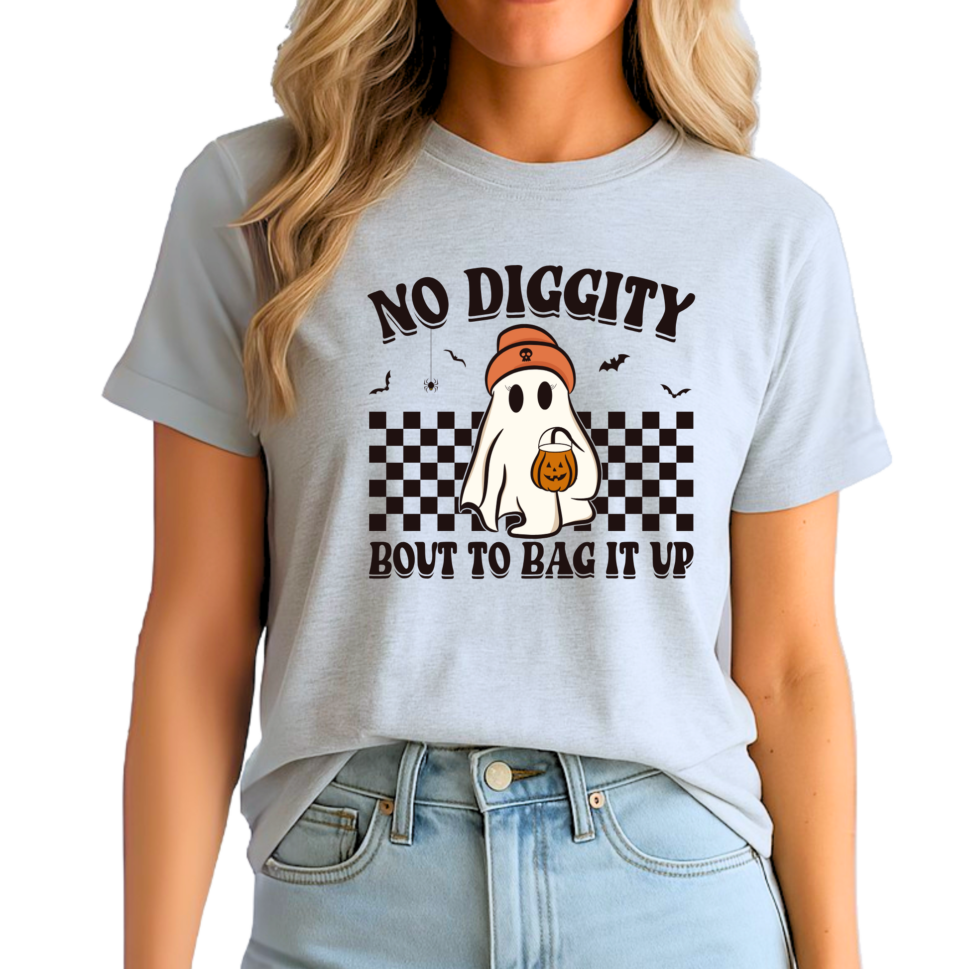 Person wearing a light gray t-shirt with a ghost graphic and text on a white background