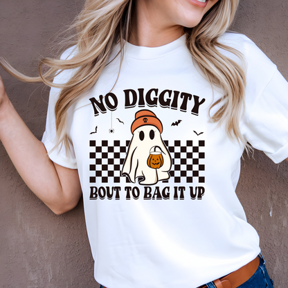 Person wearing a white t-shirt with a Halloween-themed graphic and text.