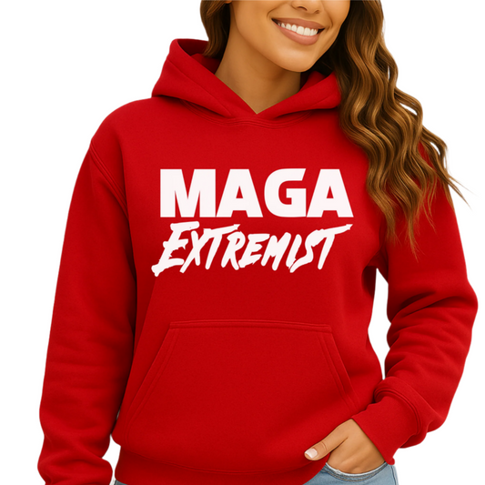 Woman wearing red MAGA Extremist hoodie