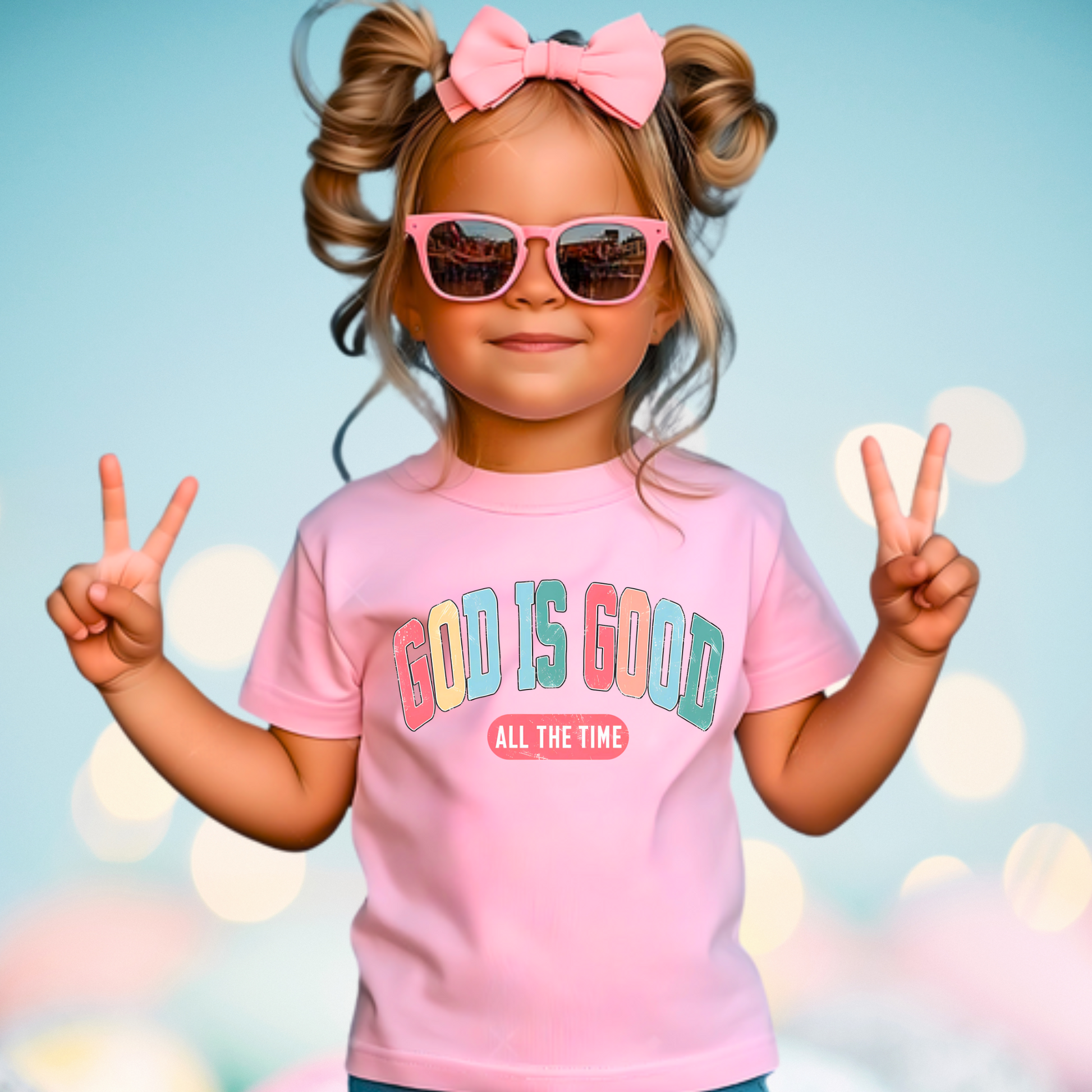 Smiling young girl showing peace sign and wearing a light pink T-shirt with the message 'God Is Good All the Time' in colorful text, symbolizing faith and positivity. Perfect for Easter and Christian-themed apparel.