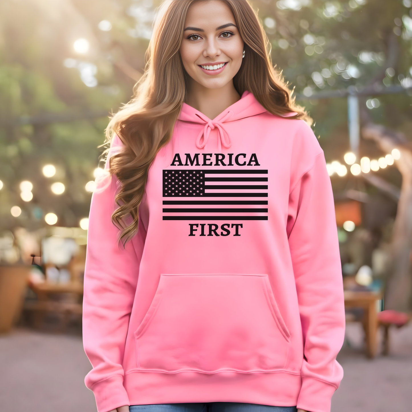 Pink America First patriotic women’s unisex hoodie with black American flag design