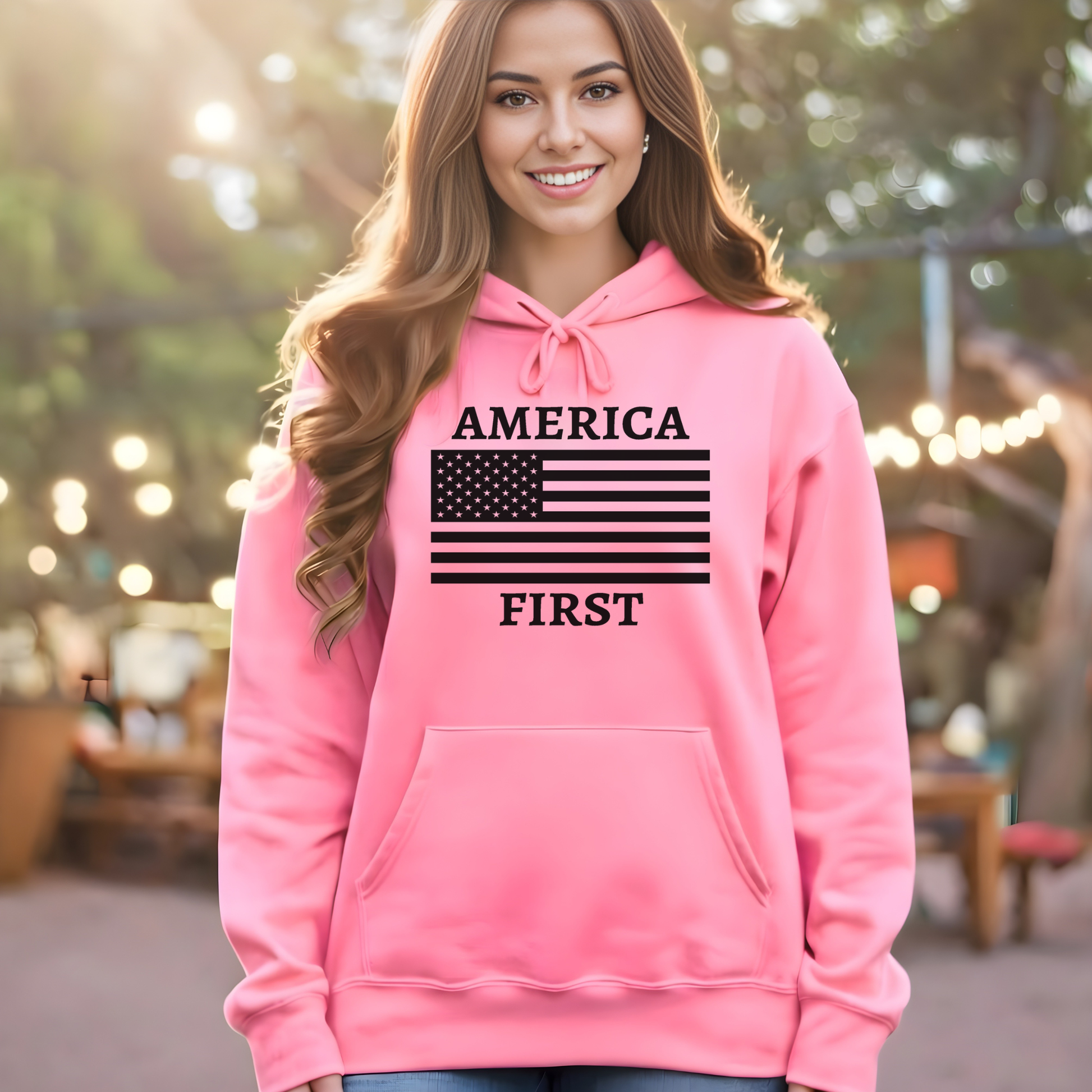 Pink America First patriotic women’s unisex hoodie with black American flag design