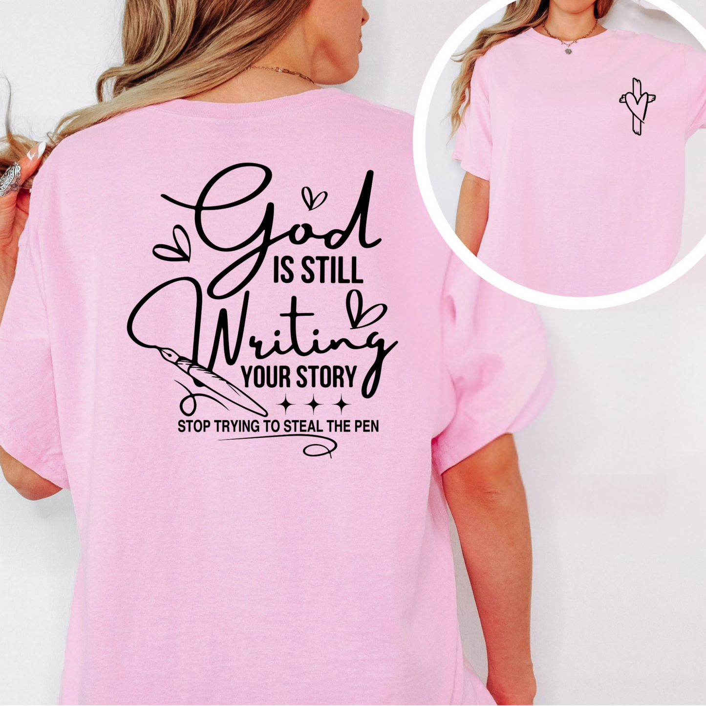Light Pink Christian T-shirt with inspirational quote, close-up of chest logo
