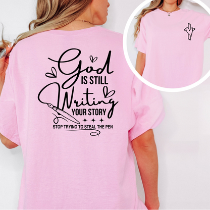 Light Pink Christian T-shirt with inspirational quote, close-up of chest logo
