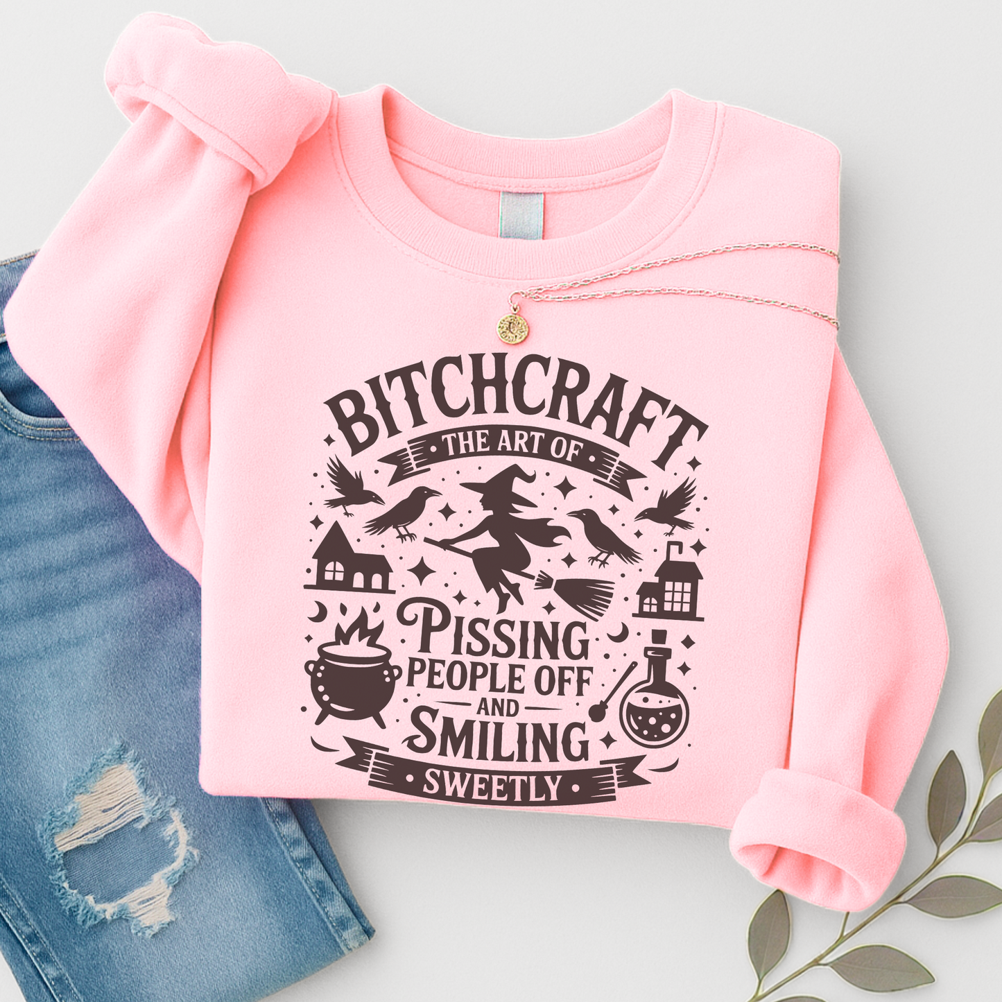 Light pink Bitchcraft crewneck with humorous design