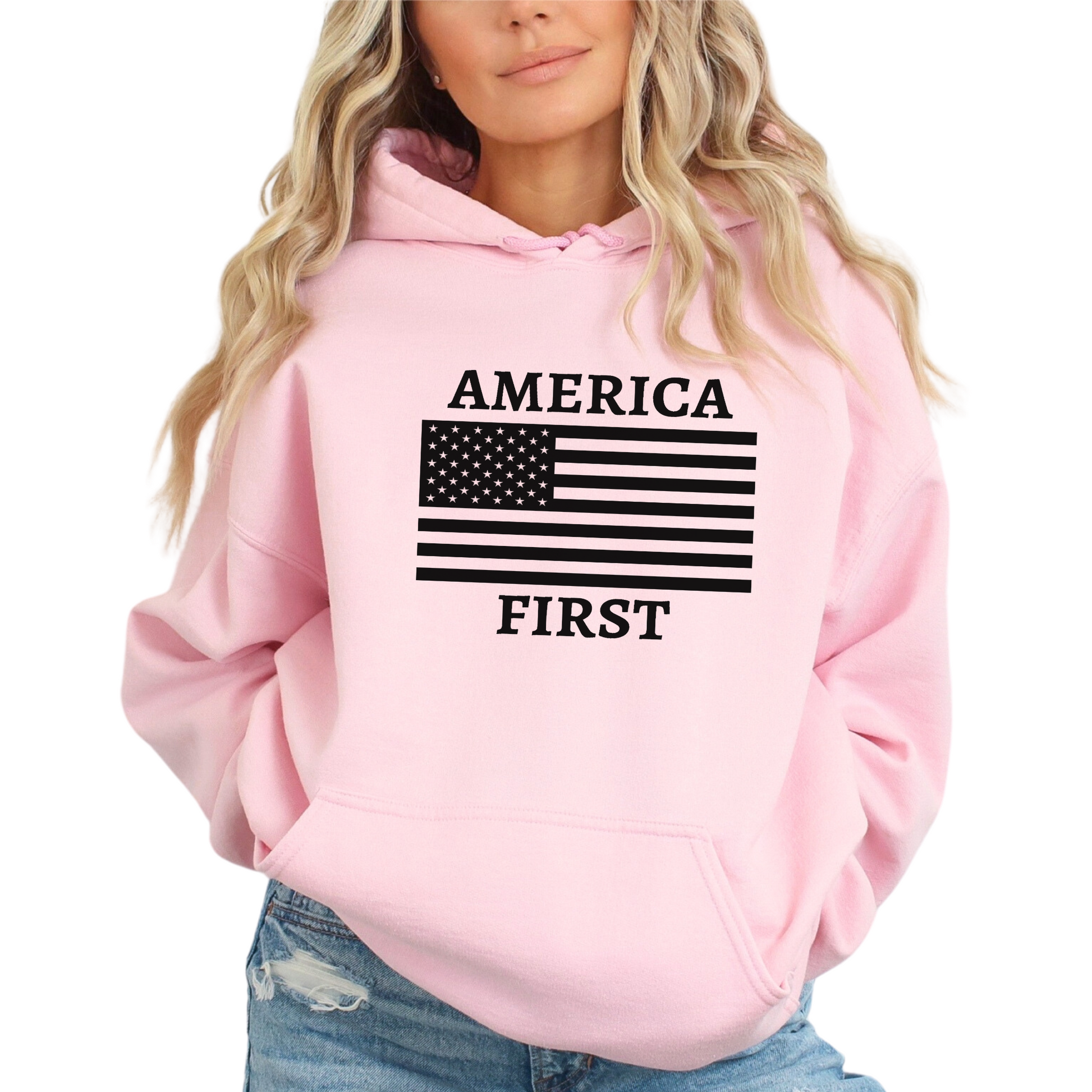 Pink hoodie with 'America First' text and American flag design on a white background