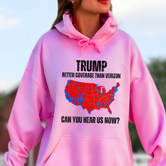 Pink patriotic hoodie with red and blue USA map graphic and bold text design.