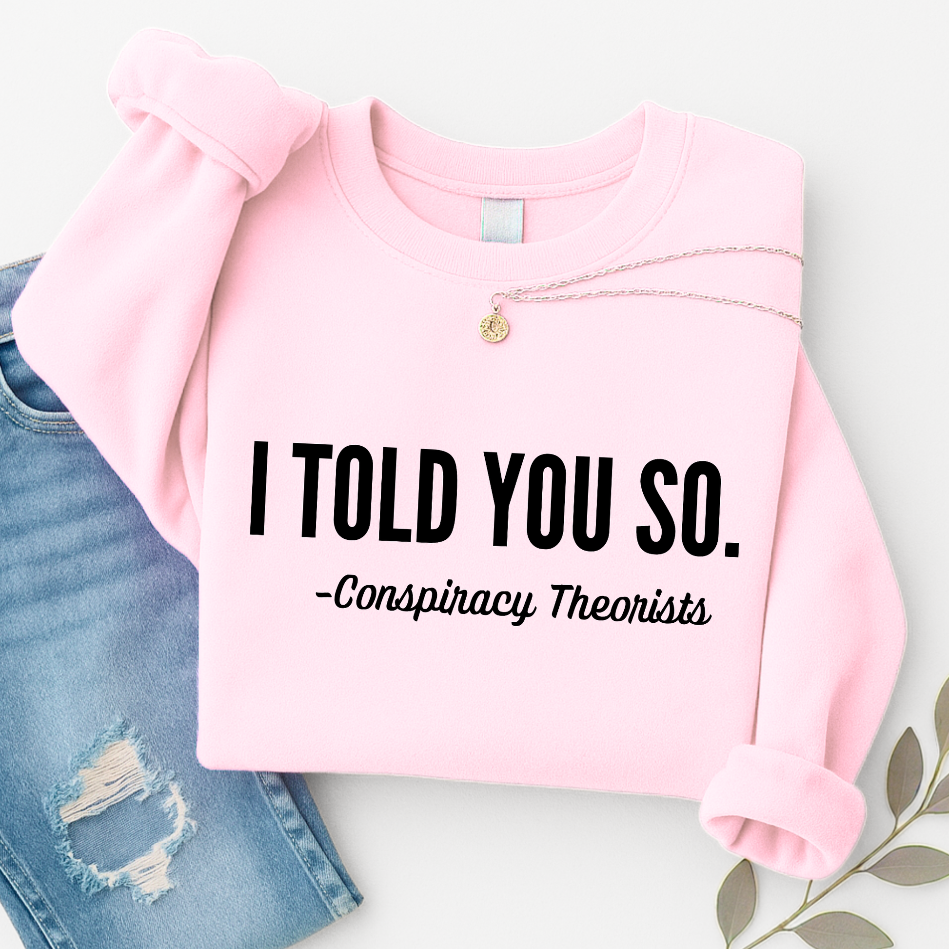 Pink sweatshirt with text 'I Told You So. - Conspiracy Theorists' on a light background