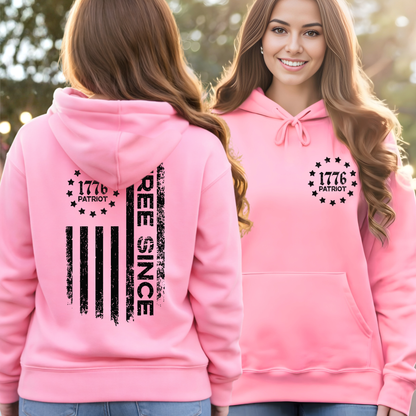 Pink women’s patriotic hoodie front and back view with 1776 Patriot emblem and Free Since flag