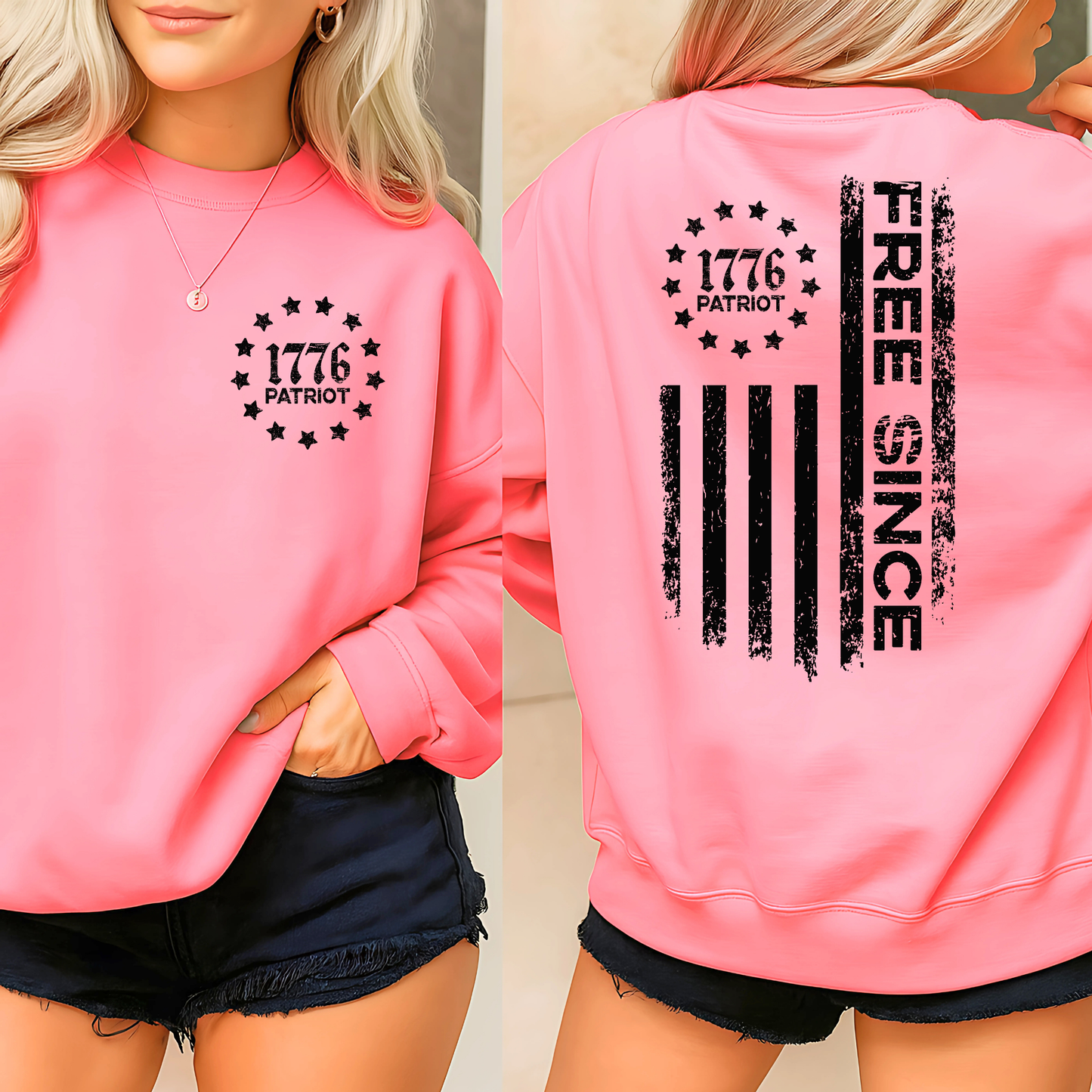 Pink women’s patriotic sweatshirt front and back view with distressed American flag and Free Since text