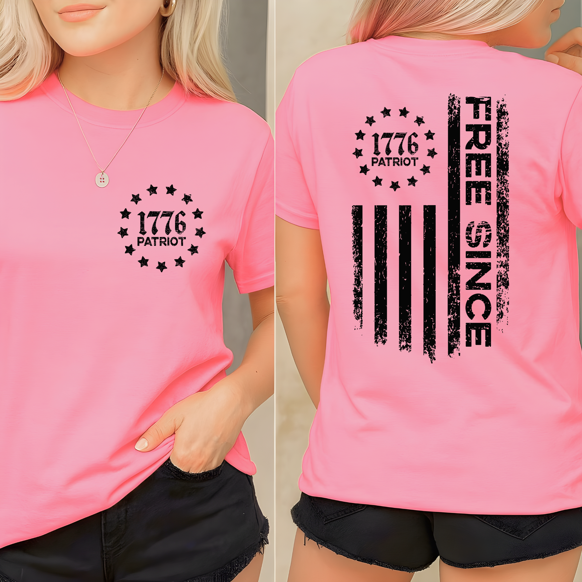 Pink t-shirt with '1776 Patriot' design on front and back
