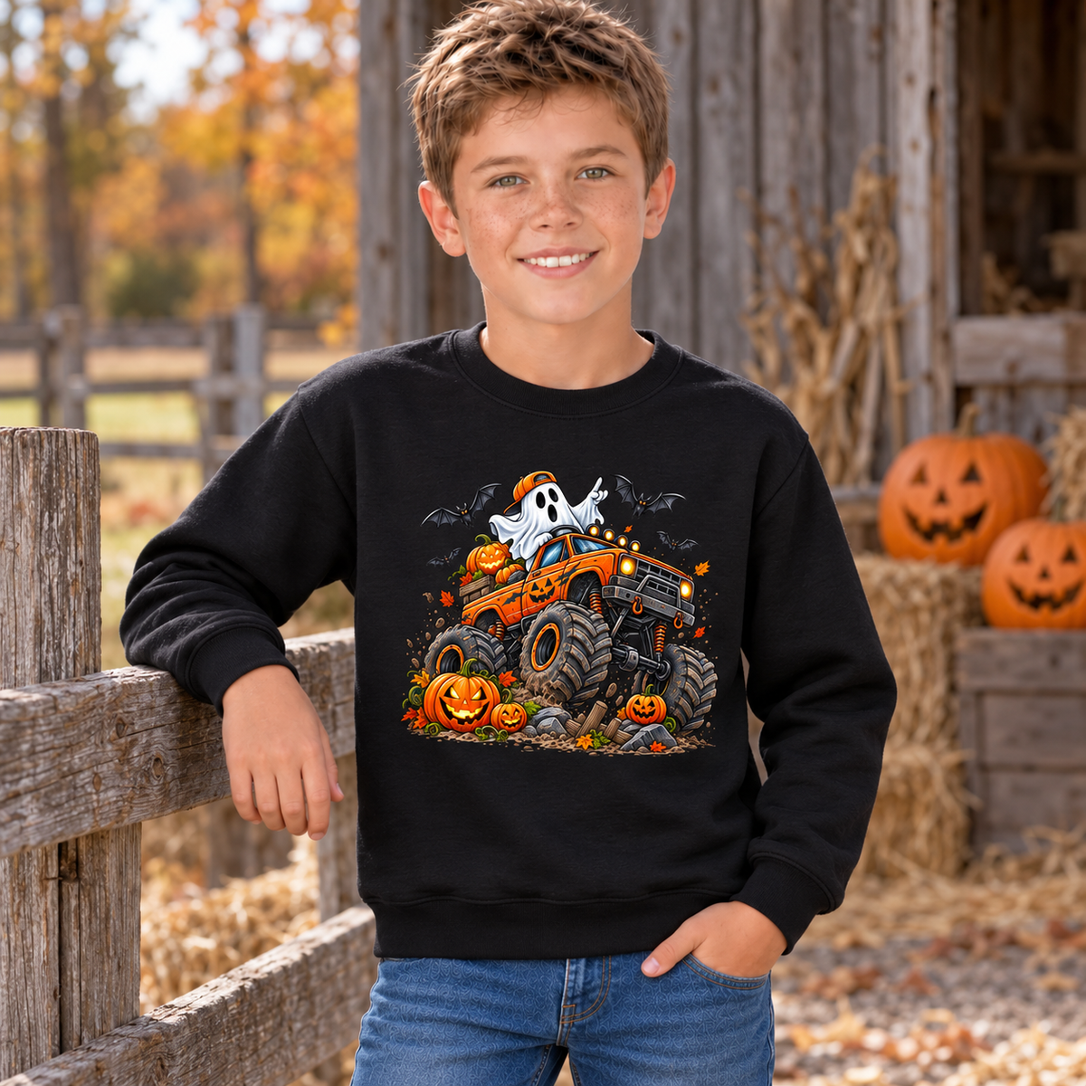 Boy modeling a black youth crewneck sweatshirt featuring an orange Halloween monster truck with a ghost, pumpkins, and bats at a rustic fall farm stand.