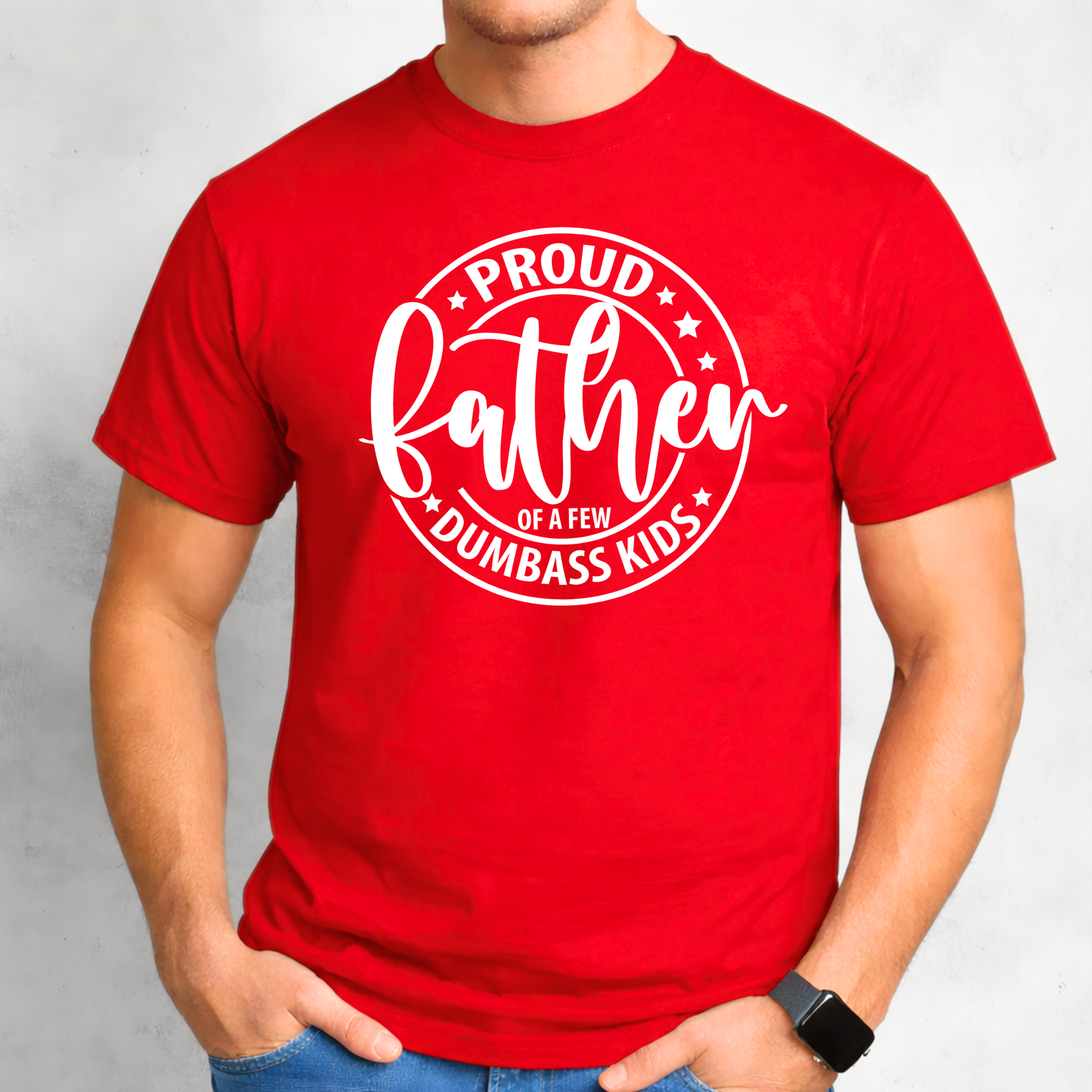 Red t-shirt with white text worn by a person on a light gray background