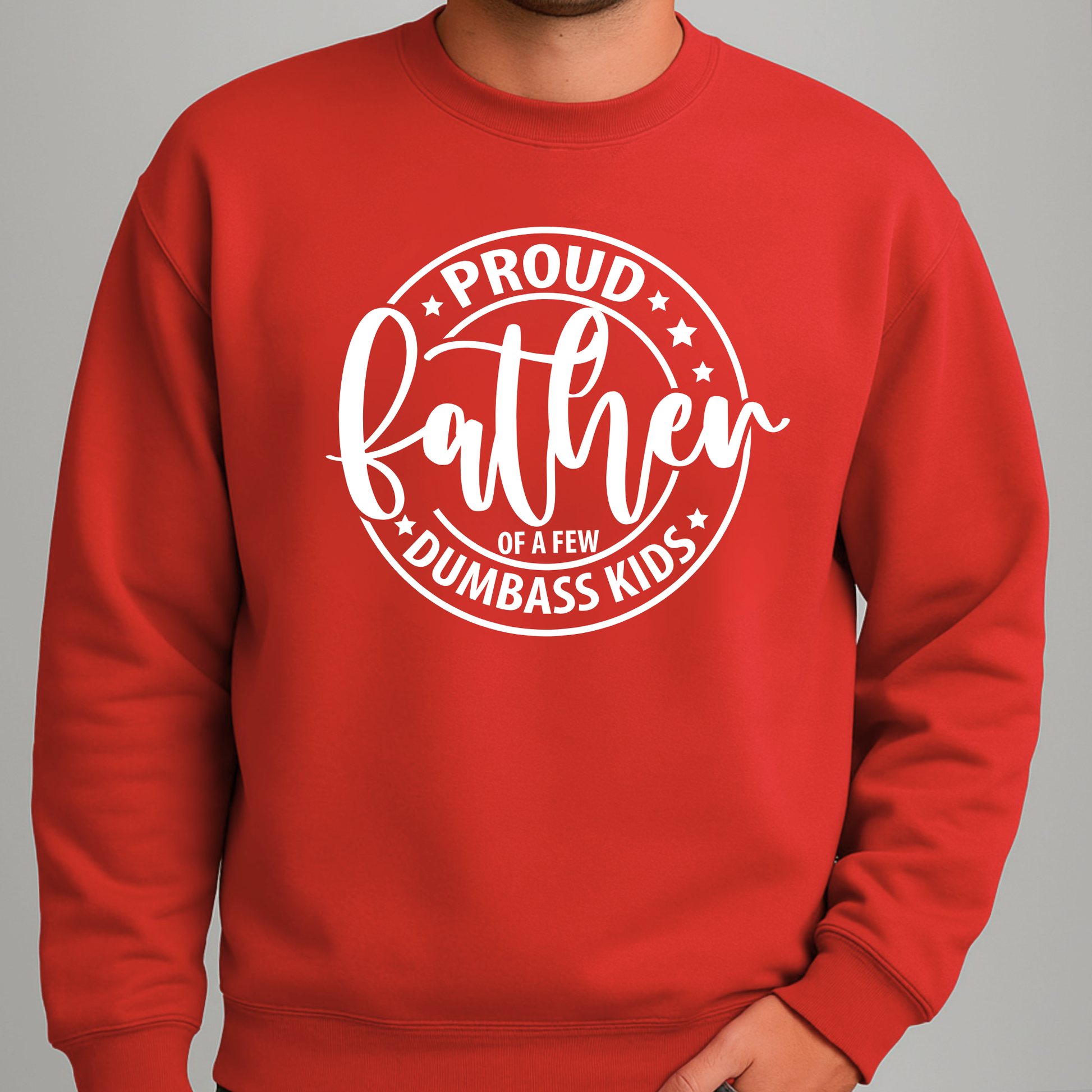 Red sweatshirt with white text 'Proud father of a few dumbass kids' on a gray background