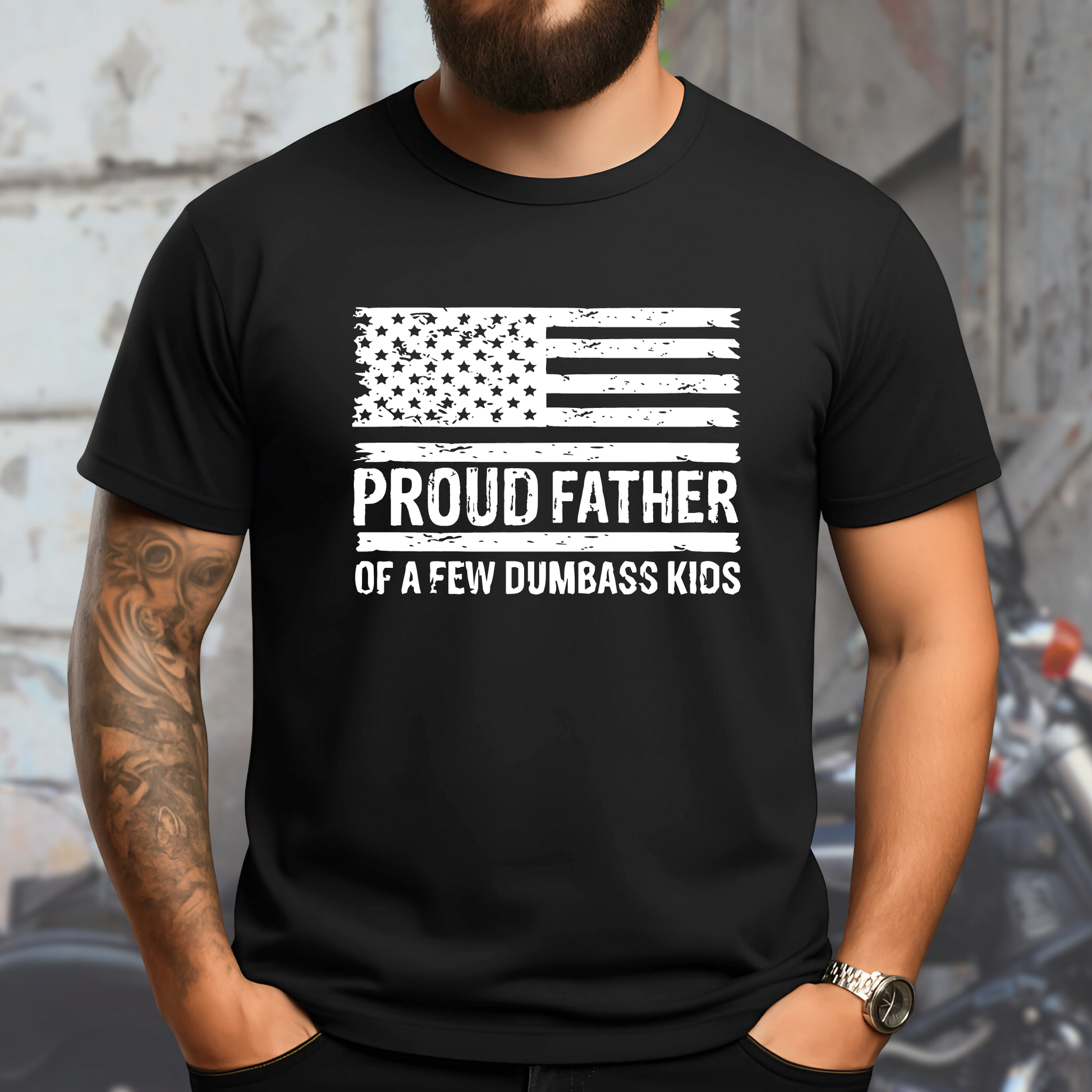 Black men’s t-shirt with distressed American flag and bold “Proud Father of a Few Dumbass Kids” text