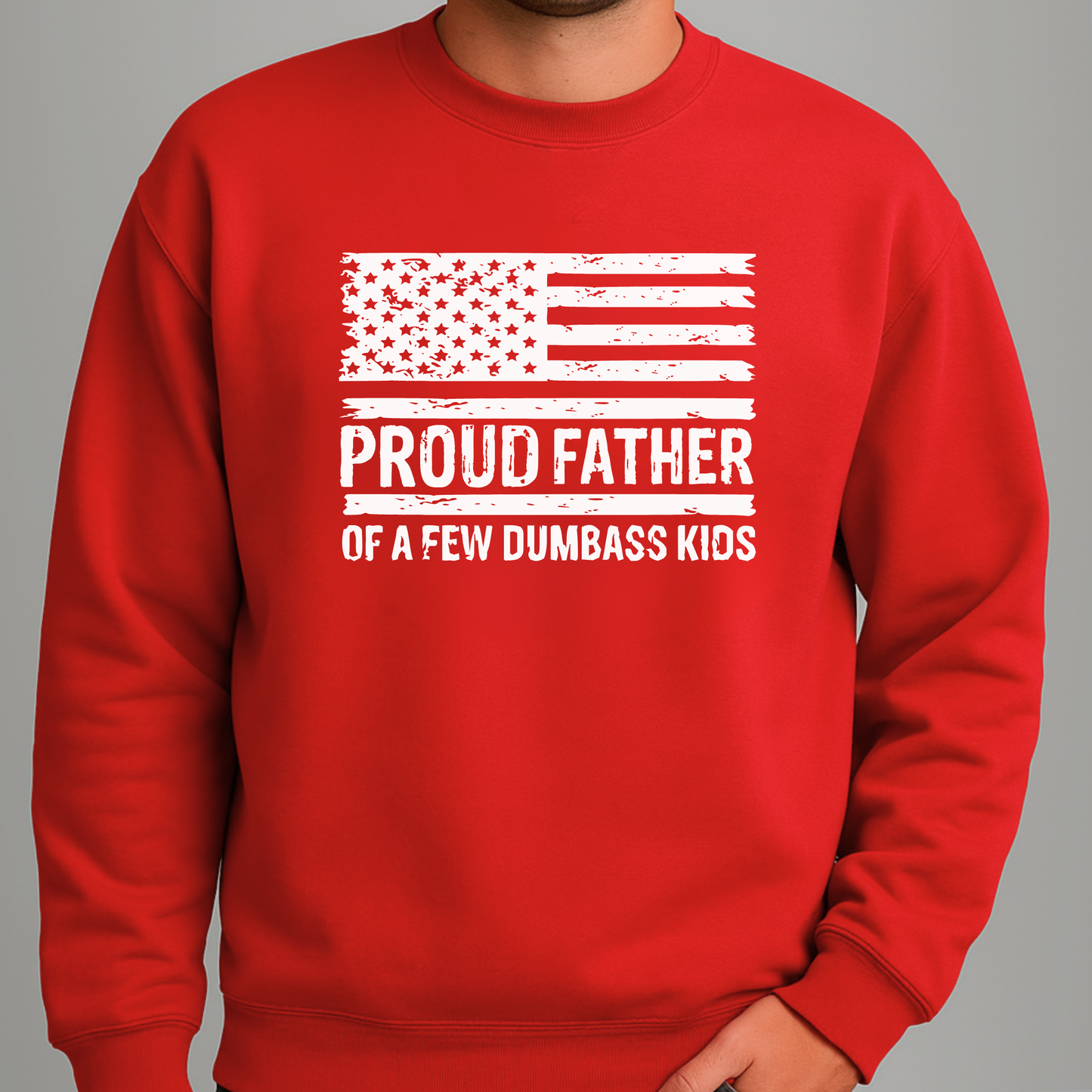 Red sweatshirt with American flag and text on a gray background