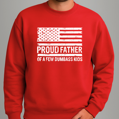 Red sweatshirt with American flag and text on a gray background