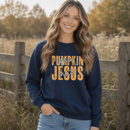 Woman wearing a navy Pumpkin Spice and Jesus Christ sweatshirt outdoors beside a rustic fence